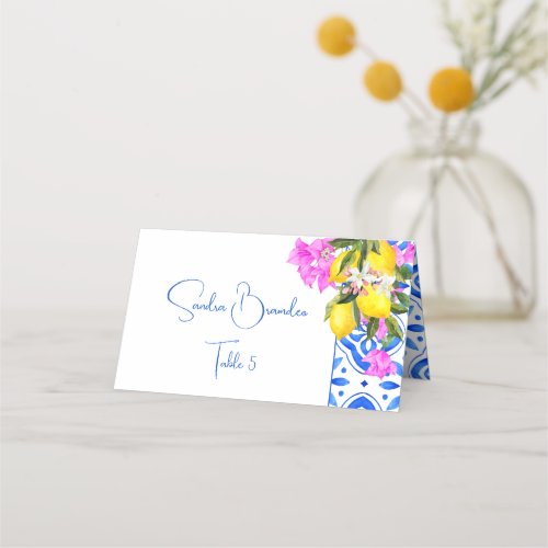 Blue Tiles Bougainvillea lemons elegant wedding  Place Card