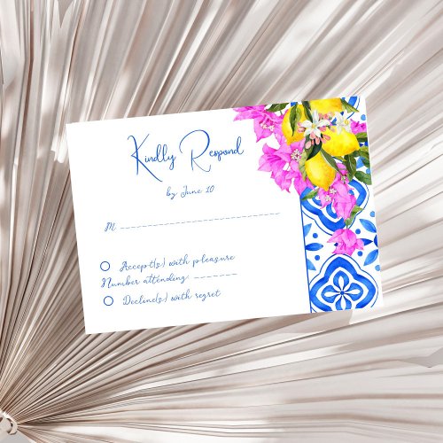 Blue Tiles Bougainvillea lemons elegant wedding  RSVP Card