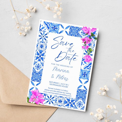 Blue Tiles Bougainvillea photo save the date Invitation