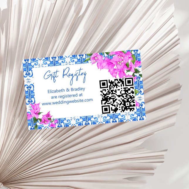 Blue Tiles Bougainvillea qr gift registry Enclosure Card (Blue Tiles Bougainvillea Mediterranean themed bridal shower qr gift registry Enclosure Card)