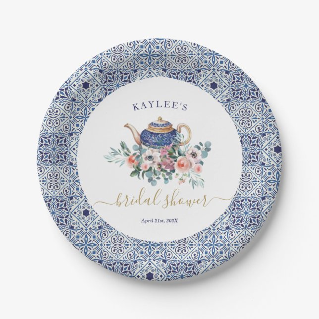 Blue tiles Bridal Shower tea decor Paper Plates (Front)
