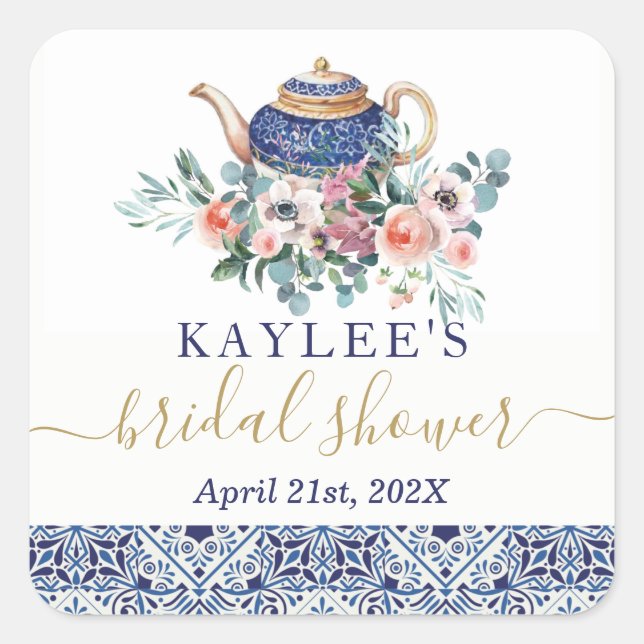 Blue tiles Bridal Shower tea favor sticker (Front)