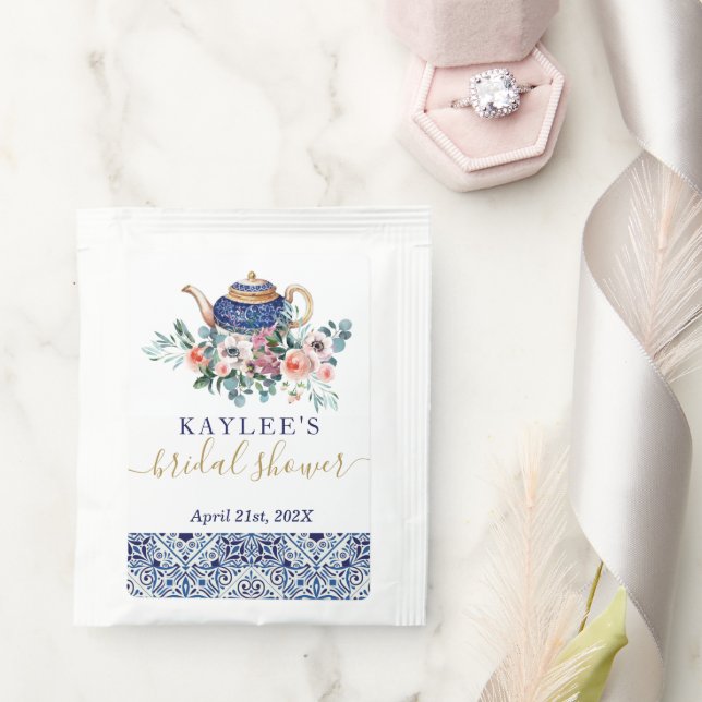 Blue tiles Bridal Shower tea favor sticker Tea Bag Drink Mix (Wedding)