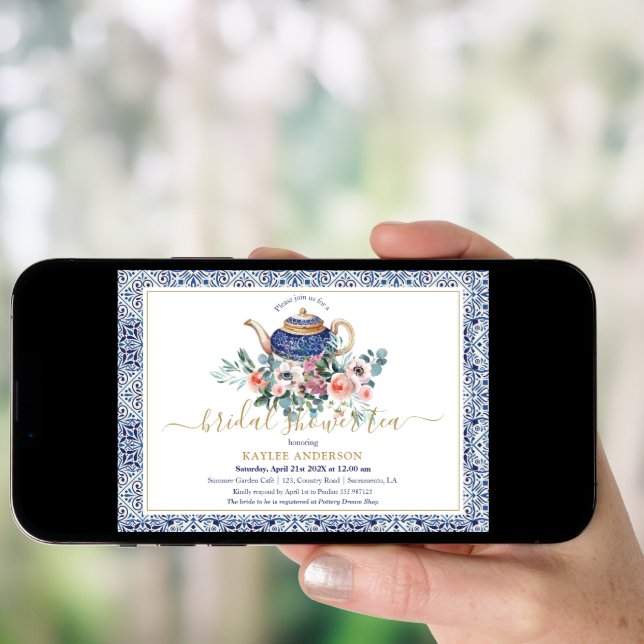  Blue tiles Bridal Shower tea invitation card (Front Digital)