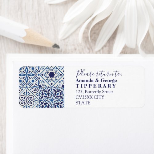 Blue tiles elegant wedding  Return address label