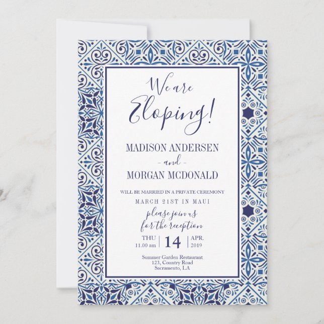 Blue tiles Elopement reception invitation (Front)