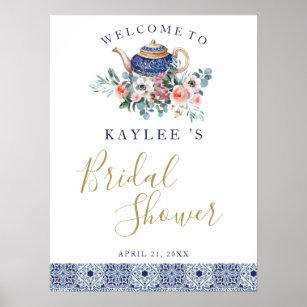 Blue tiles floral teapot Bridal Showerwelcome sign