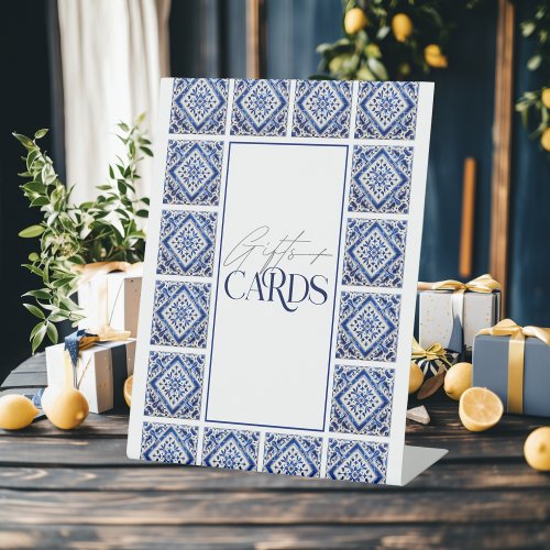 Blue Tiles Gifts Cards Mediterranean Bridal Shower Pedestal Sign