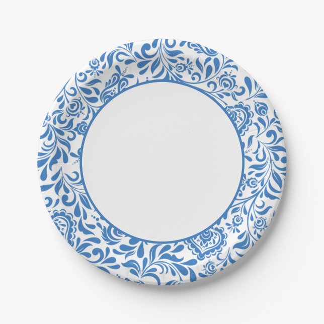Blue Tiles Greek Mediterranean Party Paper Plates (Front)