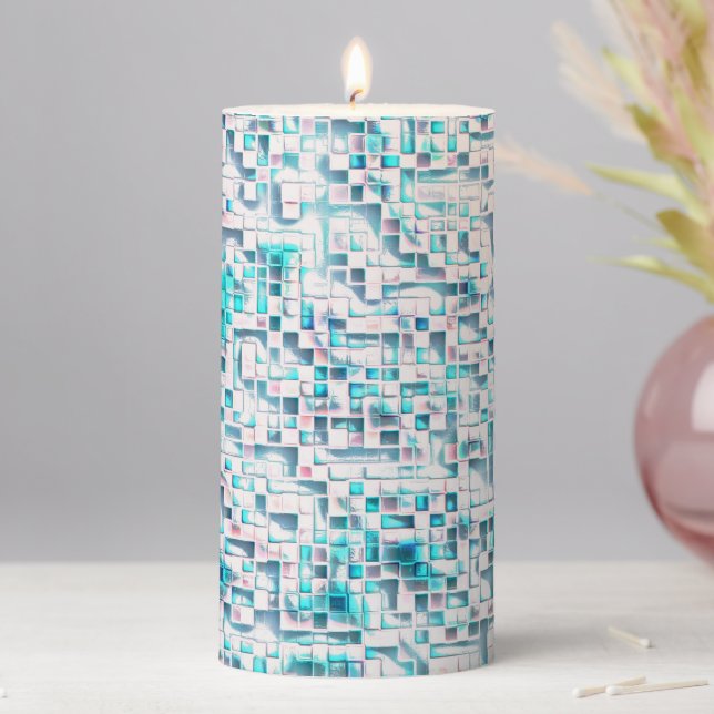 Blue tiles in textured rough style, mosaic square  pillar candle (In Situ)