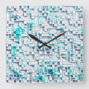 Blue tiles in textured rough style, mosaic square square wall clock