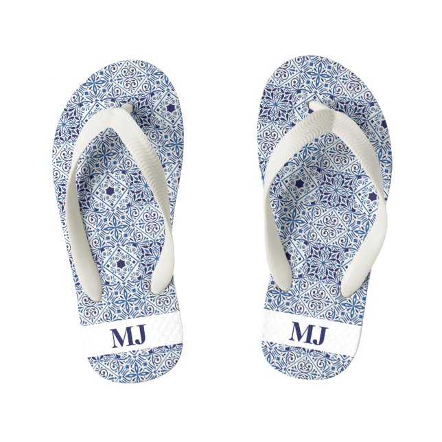 Blue tiles Initials Kid's Flip Flops (Footbed)