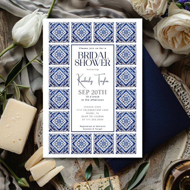 Blue Tiles Italian Mediterranean Bridal Shower Invitation (Blue Tiles Italian Mediterranean Bridal Shower Invitation)