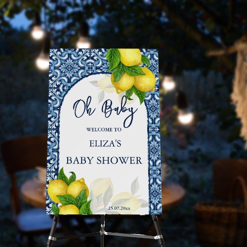 Blue tiles lemon Amalfi baby shower welcome sign