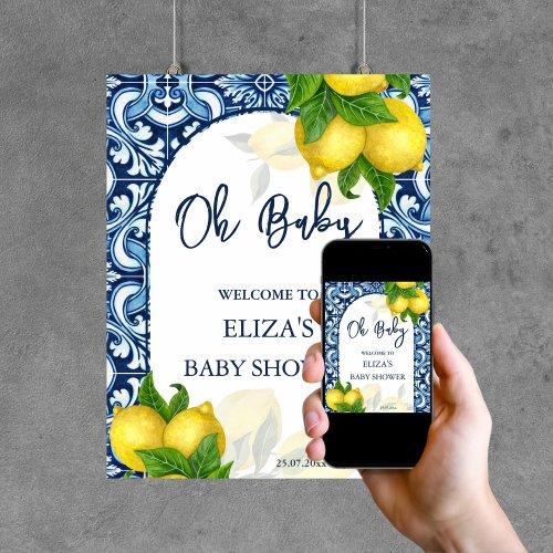 Blue tiles lemon Amalfi baby shower welcome sign