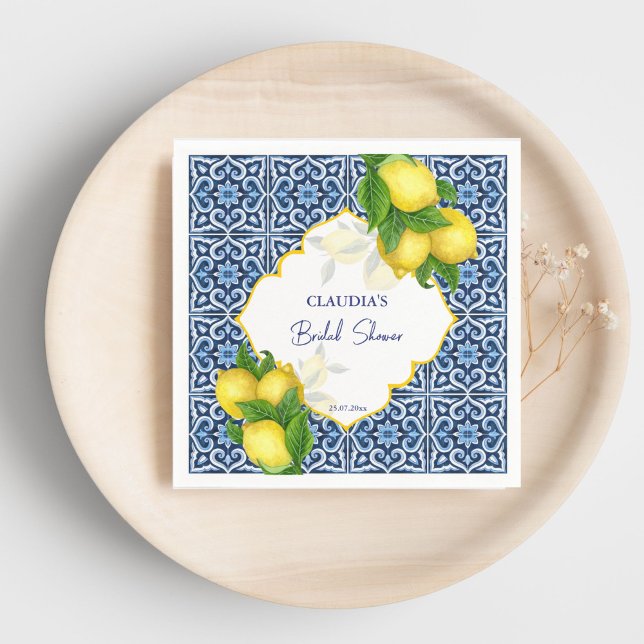 Blue tiles lemon Amalfi bridal shower party custom Napkins (Blue tiles lemon Amalfi bridal shower party custom Napkins personalized tableware)