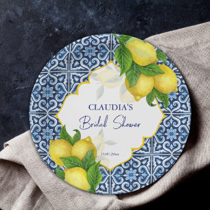 Blue tiles lemon Amalfi bridal shower party Paper Plates