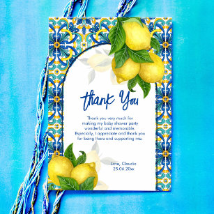 Blue tiles lemon Amalfi Positano baby shower   Thank You Card