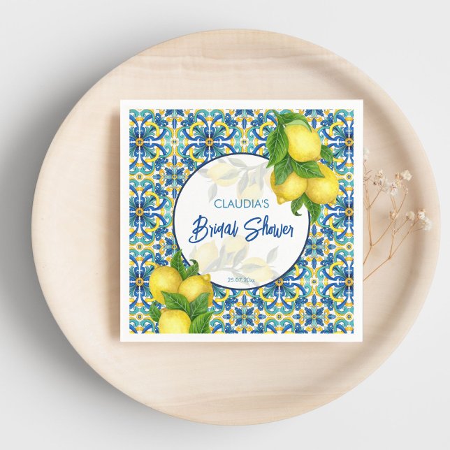 Blue tiles lemon Amalfi Positano bridal shower  Napkins (Blue tiles lemon Amalfi Positano bridal shower Napkins personalized tableware Mediterranean themed)