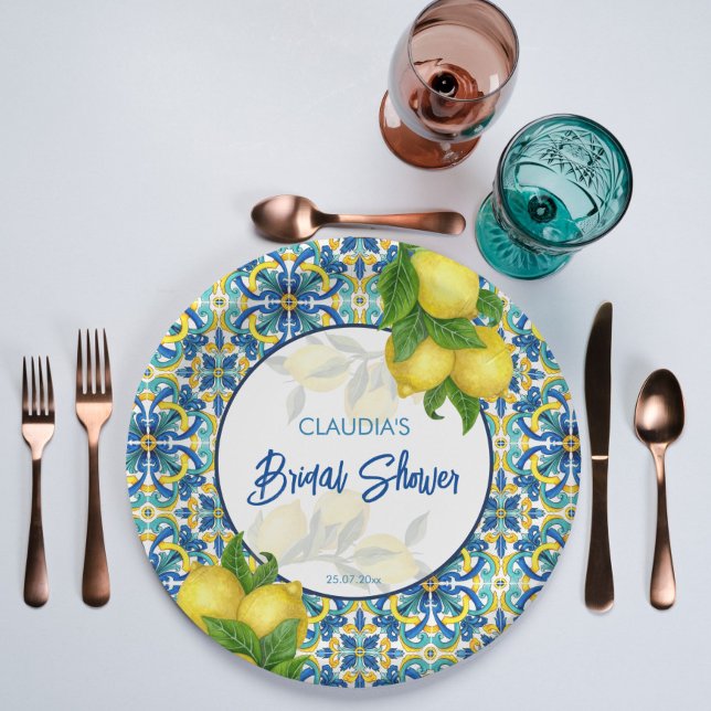 Blue tiles lemon Amalfi Positano bridal shower  Paper Plates (Creator Uploaded)