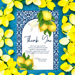 Blue tiles lemon Amalfi Positano bridal shower  Thank You Card