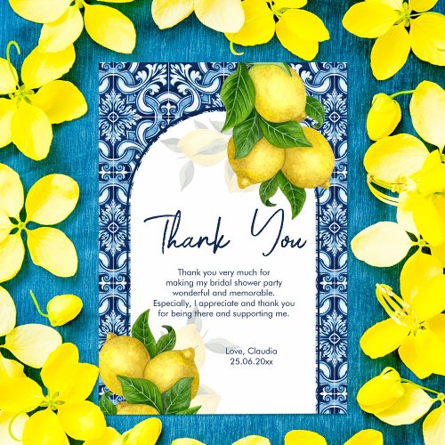 Blue tiles lemon Amalfi Positano bridal shower  Thank You Card