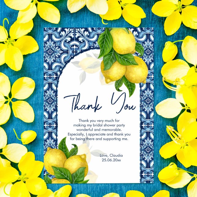 Blue tiles lemon Amalfi Positano bridal shower  Thank You Card (Creator Uploaded)