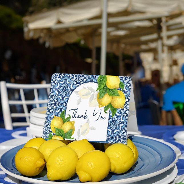 Blue tiles lemon Amalfi Positano Italian  Thank You Card (Blue tiles lemon Amalfi Positano Italian Thank You Card Mediterranean themed wedding bridal shower)
