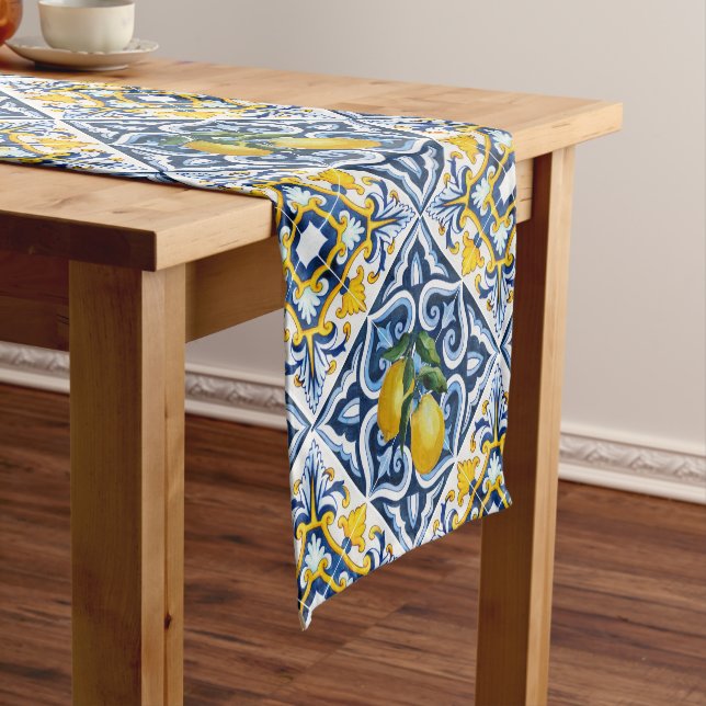 Blue tiles lemon Amalfi Positano Mediterranean  Short Table Runner (In Situ)