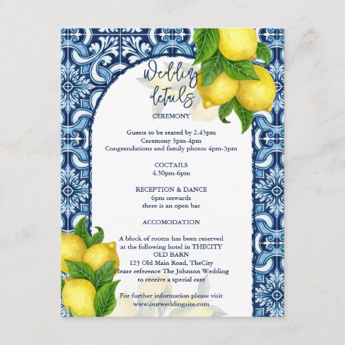Blue tiles lemon Amalfi Positano wedding details Enclosure Card