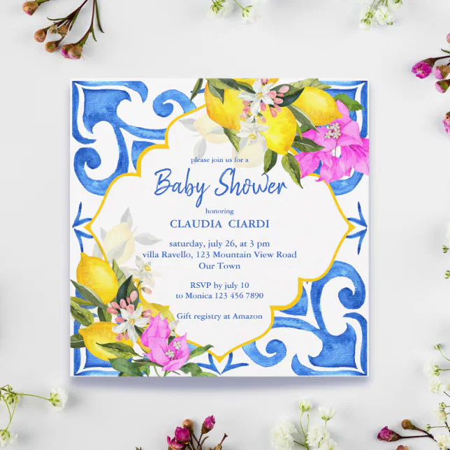 Blue tiles lemon Bougainvillea Amalfi baby shower | Zazzle