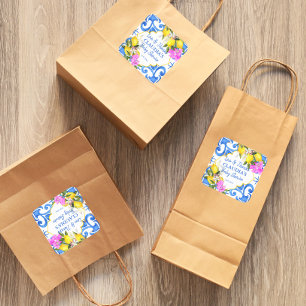 Blue tiles lemon Bougainvillea Amalfi baby shower Square Sticker