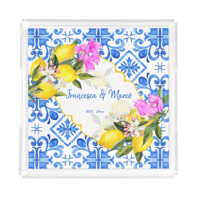 Blue tiles lemon Bougainvillea custom wedding gift Acrylic Tray (Front)