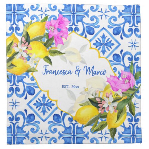 Blue tiles lemon Bougainvillea custom wedding gift Cloth Napkin