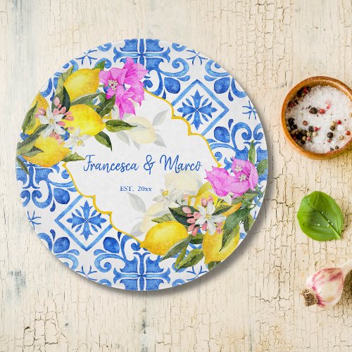 Blue tiles lemon Bougainvillea custom wedding gift Cutting Board