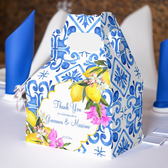 Blue tiles lemon Bougainvillea custom wedding gift Favor Boxes (Blue tiles lemon Bougainvillea custom wedding gift Favor Box)