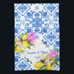 Blue tiles lemon Bougainvillea custom wedding gift Kitchen Towel<br><div class="desc">Blue tiles Bougainvillea  and lemon Amalfi Positano Mediterranean style custom wedding gift personalized name kitchen towel,  can be a gift for a wedding,  anniversary or any other occasion.</div>