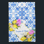 Blue tiles lemon Bougainvillea custom wedding gift Kitchen Towel<br><div class="desc">Blue tiles Bougainvillea  and lemon Amalfi Positano Mediterranean style custom wedding gift personalized name kitchen towel,  can be a gift for a wedding,  anniversary or any other occasion.</div>