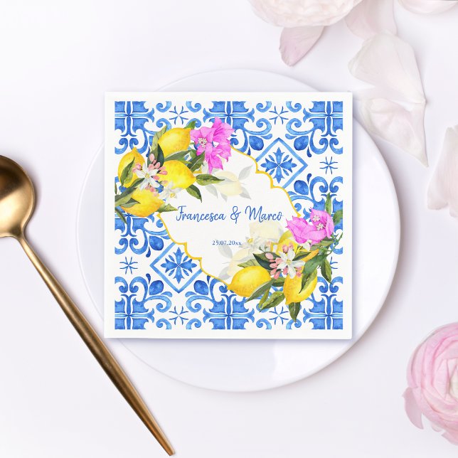 Blue tiles lemon Bougainvillea custom wedding Napkins (Creator Uploaded)