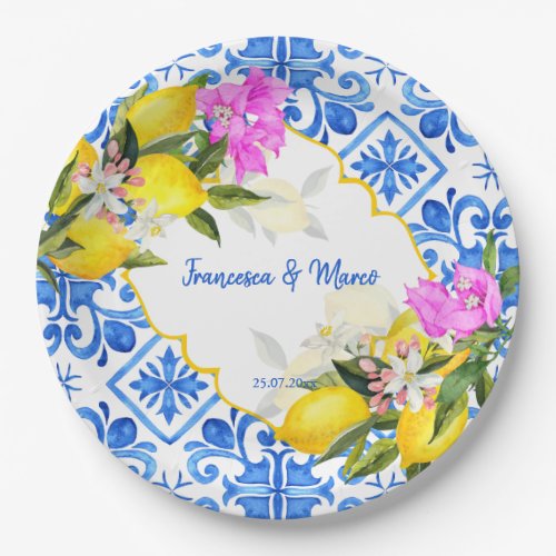 Blue tiles lemon Bougainvillea custom wedding Paper Plates