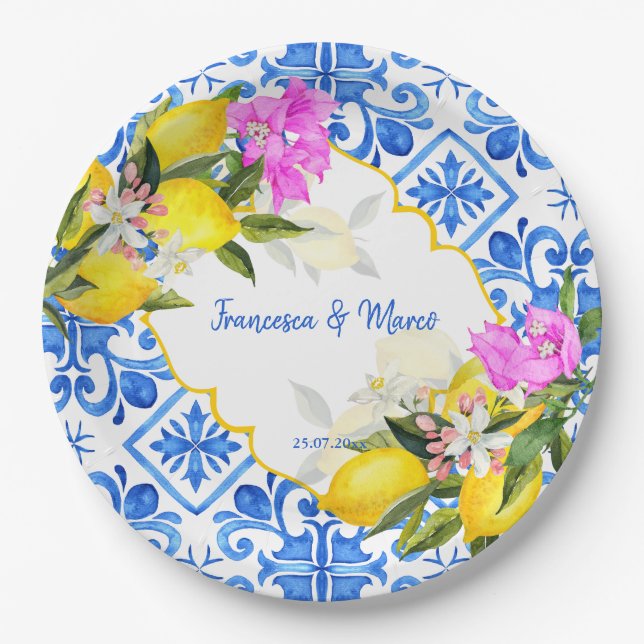 Blue tiles lemon Bougainvillea custom wedding Paper Plates (Front)