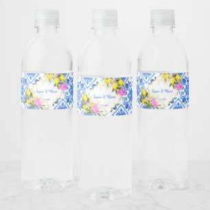 Blue tiles lemon Bougainvillea custom wedding Water Bottle Label