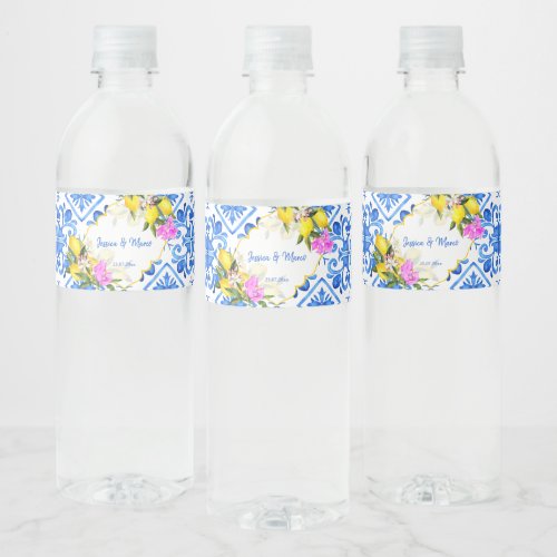 Blue tiles lemon Bougainvillea custom wedding Water Bottle Label