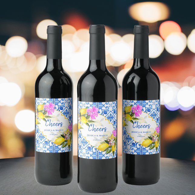 Blue tiles lemon Bougainvillea custom wedding Wine Label (Creator Uploaded)