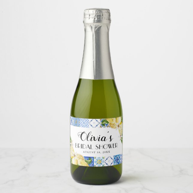 Blue Tiles Lemon Bridal Shower Wine Bottle Label (Front)