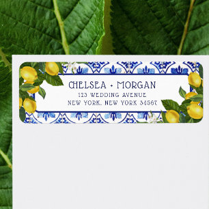 Blue Tiles Lemon Couple Mediterranean Wedding Label