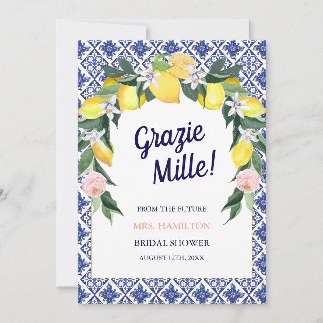 Blue Tiles Lemon Grazie Mille Bridal Shower  Thank You Card (Front)