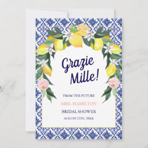 Blue Tiles Lemon Grazie Mille Bridal Shower  Thank You Card