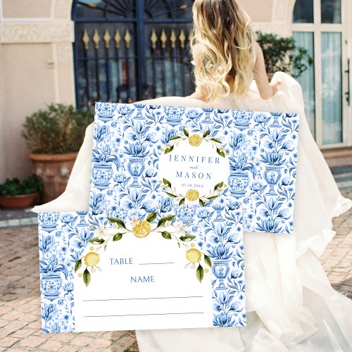 Blue tiles lemon Italian wedding Flat Place Card