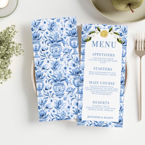 Blue tiles lemon porcelain wedding menu cards